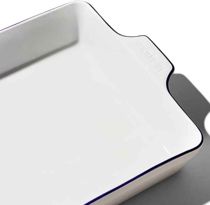 Made In Cookware | Rectangular Baking Dish | Navy Rim | Hand Crafted Porcelain | Professional Bakeware | Made in France
