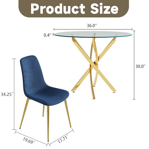 36" Round Glass Dining Table Set for 4 (Gold Round Table/Blue Velvet Chairs / 5 Pieces)