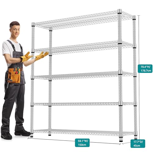5 Tiers Shelf 3300 lbs Steel Storage Shelving Utility Shelving Unit Steel Organizer Wire Rack for Home (5 tier, 17.7" D x 59.1" W x 70.3" H / Chrome)