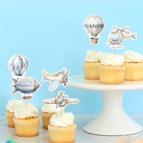 35Pcs Watercolor Blue Airplanes Cupcake Toppers Cartoon Hot Air Balloon Helicopter Cupcake Picks for Blue Boys Birthday Cupcake Decorations Airplane Baby Shower Cake Decorations (35 Count)