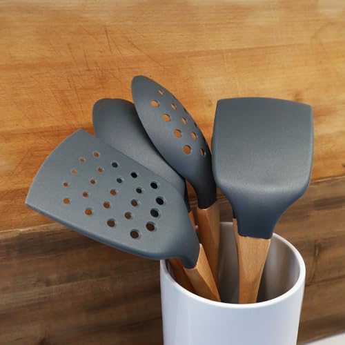 1pc Grey Nylon Skimmer Spoon with Soft Grip Ergonomic Wooden Handle Kitchen Utensils (Gray / Skimmer Spoon)