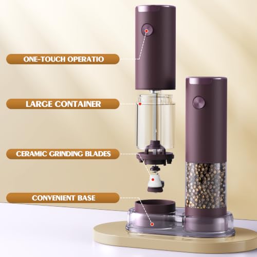 Electric Salt and Pepper Grinder Set Automatic Battery Pepper Mill Shakers Adjustable Coarseness Upgraded Larger Capacity with Led Home and Kitchen Appliances (Burgundy)