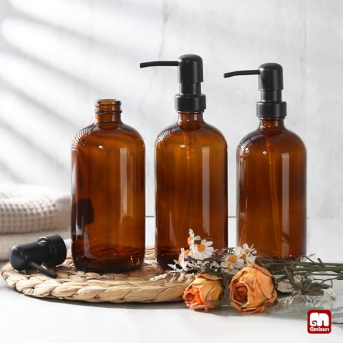 Shampoo and Conditioner Dispenser (Amber Bottle + Black Pump / 3 Pack)