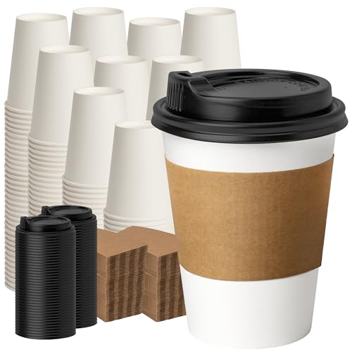 12 oz 10 pack Disposable Paper Coffee Cups with Lids (White / 3.5 x 4.3 inches)