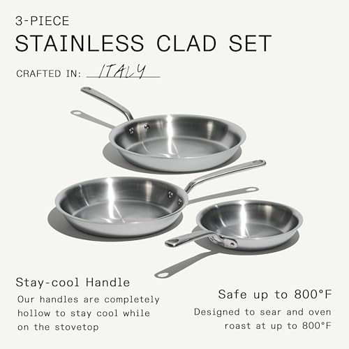 Cookware - 3-Piece (Includes 8",10",12") Stainless Frying Pan Set - 5 Ply Stainless Clad - Professional Cookware - Crafted in Italy - Induction Compatible (3-Piece Set (8", 10", 12"))