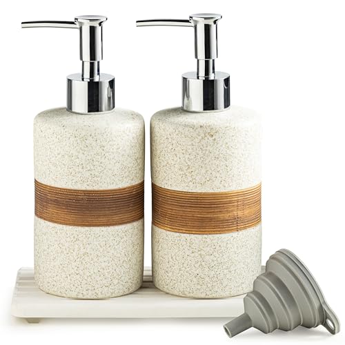 2 Pack Ceramic Soap Dispensers Set (White and White / 2xSoap Dispenser Set with Tray)