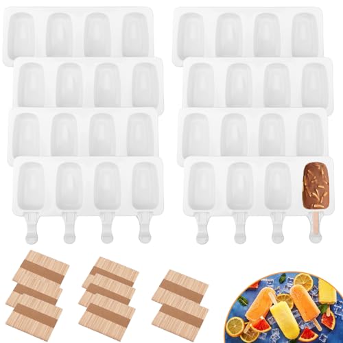 8 Set Silicone Popsicle Molds 4 Cavities Ice Cream Oval Cake Molds with 400 Sticks (8 Set / White)
