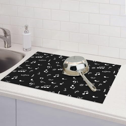 Music Notes Dish Drying Mat for Kitchen Counter Musicial Dish Drainer Rack Mats 16x18 Inches Absorbent Reversible Black Drying Pad (Music Notes / 16 x 18 inch)