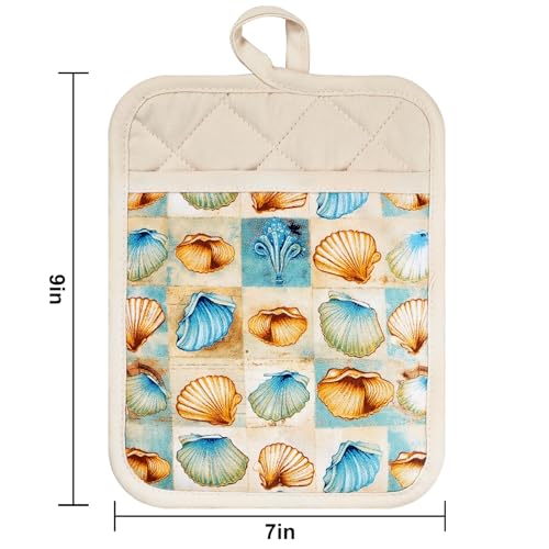 Pot Holders Set of 2 Heat Resistant 480 ℉Non Slip Clear Silicone Printed Comfortable Cotton Lining Kitchen Women Men Cooking Baking Microwave Machine Washable (Shell, Beige Potholders)