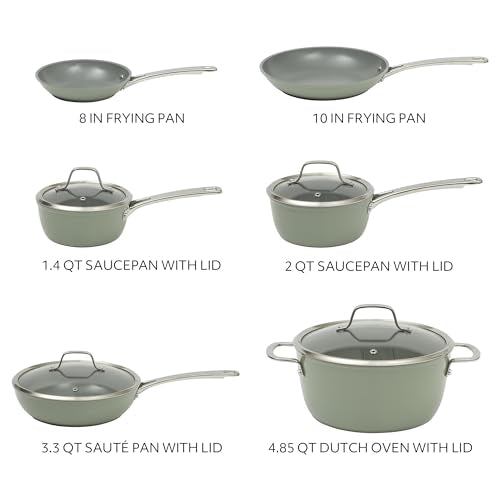 Kitchen Essentials Cool Commune Hard Anodized 10 Piece PFA Free Ceramic Non stick Interior Forged Durable Aluminum Pots and Pans Cookware Set (10-Piece Cookware Set (Hard Anodized Aluminum) / Green (Hard Anodized Aluminum))