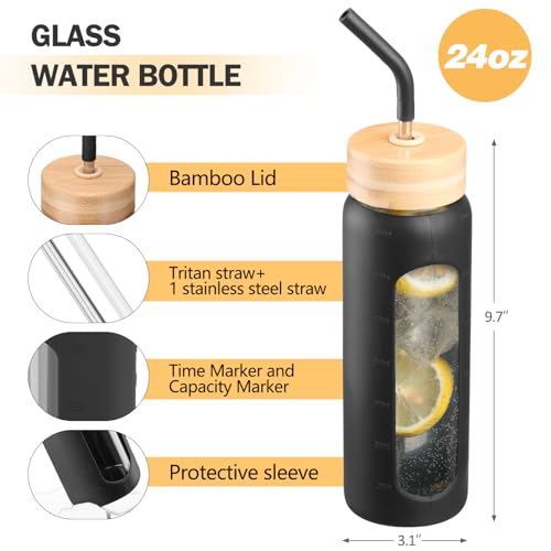 24oz Glass Water Bottle with Straw and 2 Lids (Black / 24 Ounces)