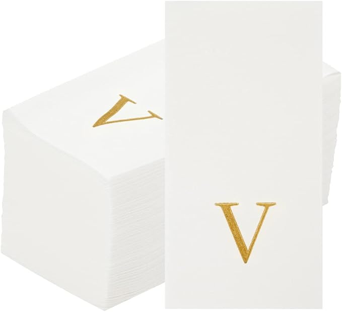 Luxenap 15.8 X 7.9 Inch Linen-Feel Guest Towels, 50 Lettered Hand Towels - Gold Letter 'V', Sans Serif Font, White Paper Dinner Napkins, airlaid, For Restrooms And Tables