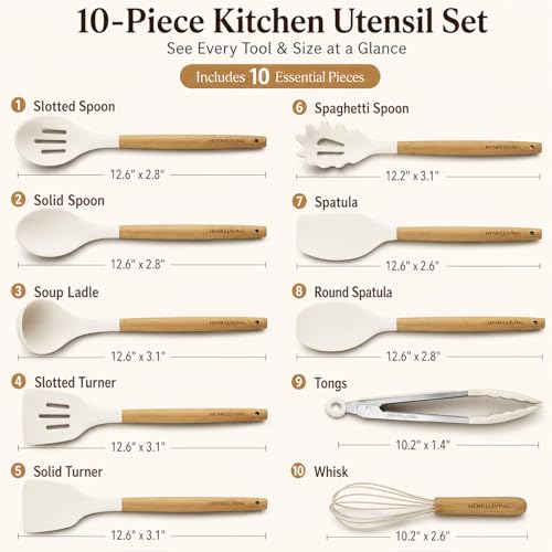 Silicone 10 Pcs Kitchen Cooking Utensils Set (CreamWhite)