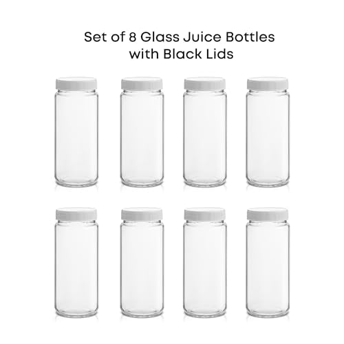 16 oz Reusable Glass Bottles with Caps. Set of 8 Juicing Bottles With Lids and Juice Jars Labels. Glasses for Cold Brew (White Lids)