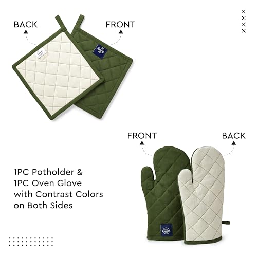 Oven Mitts and Pot Holders Set (Oven Glove + Pot Holder / Leaf Green)