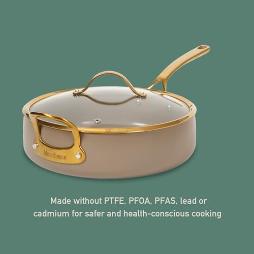 Non Stick Frying Pan (Cappuccino Cream w/ Gold Handle / Saute Pan w/ Lid (6-Quart))