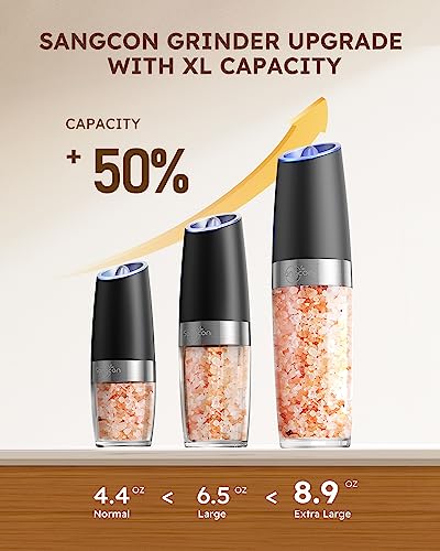 Gravity Electric Salt and Pepper Grinder Set Shakers UPGRADED 9OZ XL CAPACITY Battery Powered Refillable Automatic One Hand Operation Adjustable Coarseness Mill Grinder Set for Kitchen (Battery Powered Set/Black XL)