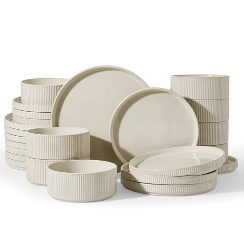 Stoneware Dishes Dinnerware Sets for 6 (Oat White / Service for 6)