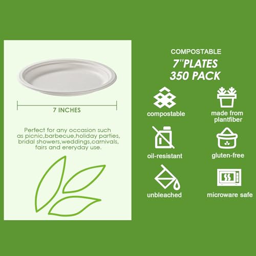 350 Pack Compostable Bagasse Paper Plates 6.9 inch (White / 7 IN Round Plates)