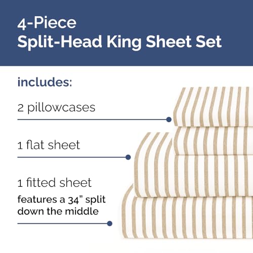 Flex Top Split Head King 4 Piece Sheet Set (44 - Beige Stripes 2 / Split Head/Flex Top)