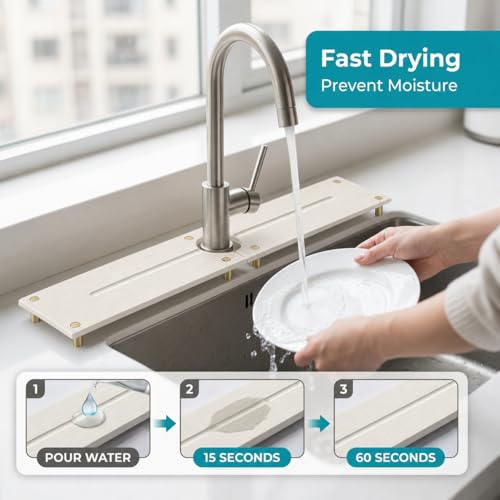 2PCS Stone Faucet Mat for Kitchen Sink (24"x 4" - White - Gold)