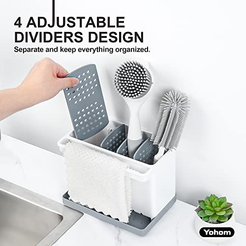 Sink Brush Holder for Kitchen Sink Sponge Caddy Countertop Organizer Plastic Dish Scrubber Holder with Dividers