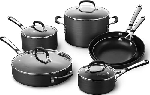 10-Piece Non-Stick Kitchen Cookware Set Black Pots & Pans with Stay-Cool Stainless Steel Handles Hard-Anodized Aluminum for Even Heating (10-Piece Set)
