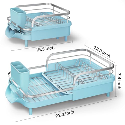 Expandable Dish Drying Rack for Small Kitchen Counter (Blue)