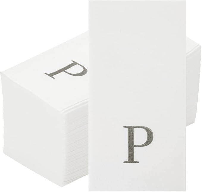 Luxenap 15.8 X 7.9 Inch Linen-Feel Guest Towels, 2000 Lettered Hand Towels - Silver Letter 'P', Sans Serif Font, White Paper Dinner Napkins, airlaid, For Restrooms And Tables - Restaurantware