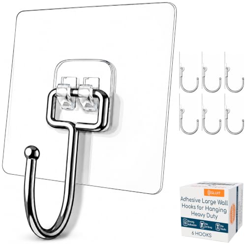 Adhesive Large Wall Hooks for Hanging Heavy Duty No Drill (Large, 6 pcs)