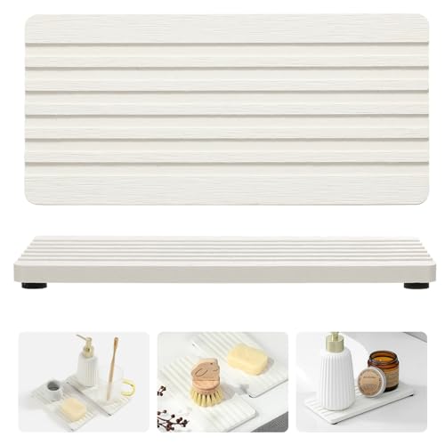 2PCS Diatomite Quick Stone Drying Tray Mat for Bathroom & Kitchen Counter (2 Pcs - Natural White / 8"x 3.8")