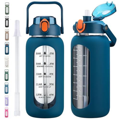 64oz Glass Water Bottles with Straw (Blue / 64 Ounces)