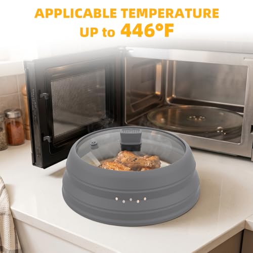 Microwave Splatter Cover Glass Cover Guard Lid with Collapsible Silicone for Food Pot Plate Cover 9.8 inch Light Grey (LIGHT GREY / 9.8 inch)
