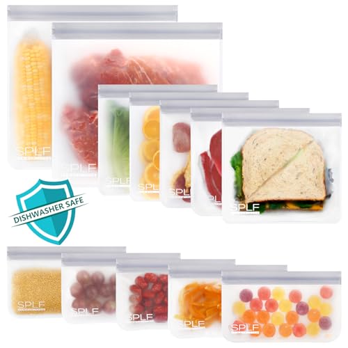 12 Pack Dishwasher Safe Reusable Food Storage Bags (12 Pack-2 Gallon 5 Sandwich 5 Snack / Gray)