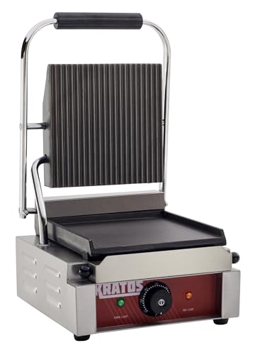 Commercial Electric Panini Sandwich Grill with Grooved Top and Smooth Bottom Plates (Small w/ Smooth & Grooved Plates)