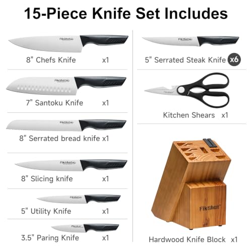 15 Piece Kitchen Knife Set with Block & Built (Natural Wood-Colored & Black)