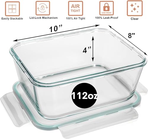 3300 ml 112 oz Large Glass Food Storage Containers with Lids (Light Blue)