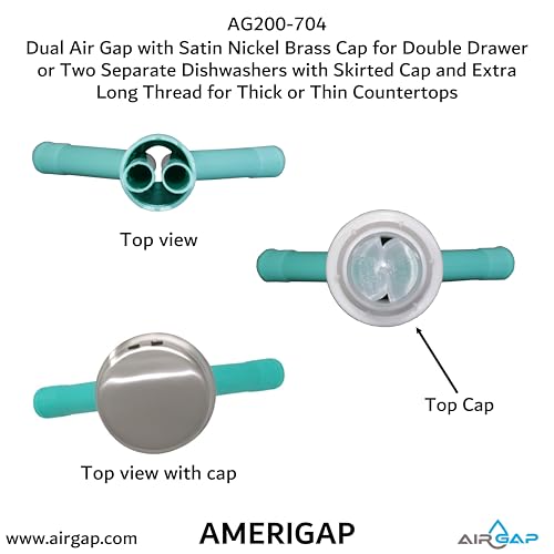 Dual Air Gap with Satin Nickel Brass Cap for Double Drawer or Two Separate Dishwashers with Skirted Cap and Extra Long Thread for Thick or Thin Countertops (AG200-704)