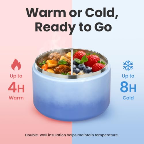 12oz Insulated Vacuum Food Jar with Buckle Lid Wide Mouth Soup Thermo for Hot Food Kids Leakproof Stainless Steel Lunch Container (Gradient Blue / 12OZ)