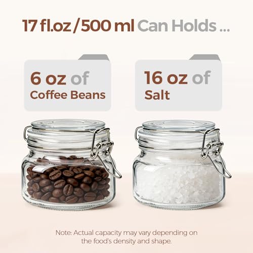 Square Small 17 oz Glass Jars with Airtight Lids 6 Pack Wide Mouth (17 fl oz x 6)