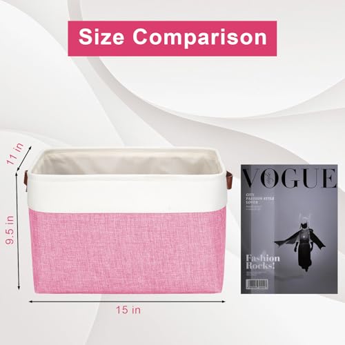 Storage Bins Large Fabric Storage Baskets for Shelves 3 Pack (Pink / Off-White / Large -15"x11"x9.5")