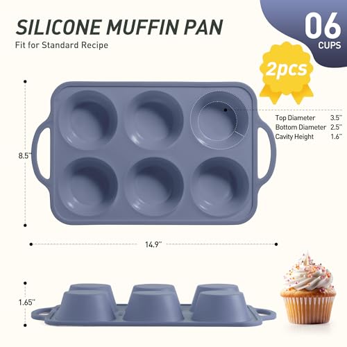 2 Packs 6 Cups Silicone Muffin Pan with Metal Reinforced Frame Jumbo Size Cupcake Pan Tray Egg Bites Silicone Circle Round Cookie Molds Muffin Tin Tall Tart Pans Baking Sheet Breakfast Sandwiches (2pc: 6-Cup Jumbo / Morandi Blue)