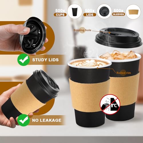 100 Pack 16 oz Disposable Coffee Cups With Lids and Sleeves (Black / 16OZ-100Pack)