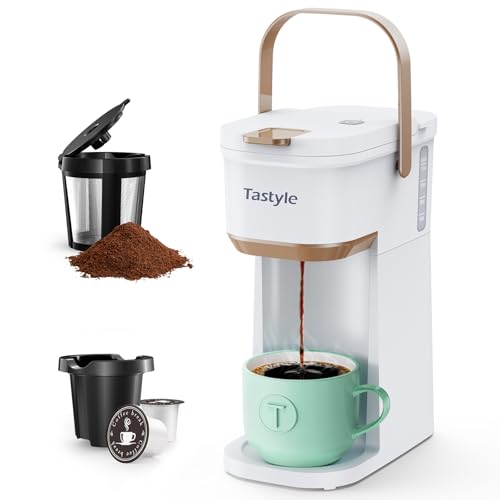Mini Single Serve Coffee Maker for K Cups and Grounds with Handle (White and Brown)
