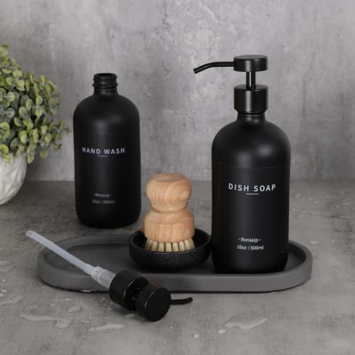 Set of 5 Kitchen Soap Dispenser Set 16 Oz Glass Hand Dish Soap Dispenser with Stainless Steel Pump (Black)