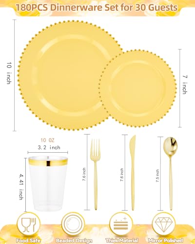 180PCS Yellow Gold Plastic Plates Set for 30 Guests Wedding Party (Yellow and Gold Plastic Dinnerware Set / 180PCS)