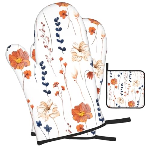 Watercolor Orange Floral Oven Mitts and Pot Holders Set Heat Resistant Non Slip Set of 3 Navy Blue and Orange Flower Decorative Kitchen Gloves Hot Pads for Cooking BBQ Baking Grilling (3 Count)