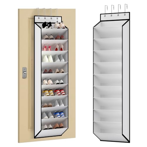 10 Tiers White Over Door Shoe Organizer Storage (White-1 Pack of 10 Pockets)