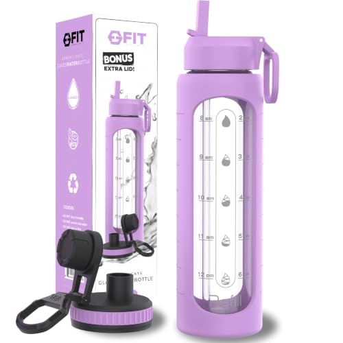 32oz Glass Water Bottle with Straw Lid & Time Marker (Lavender Sleeve)