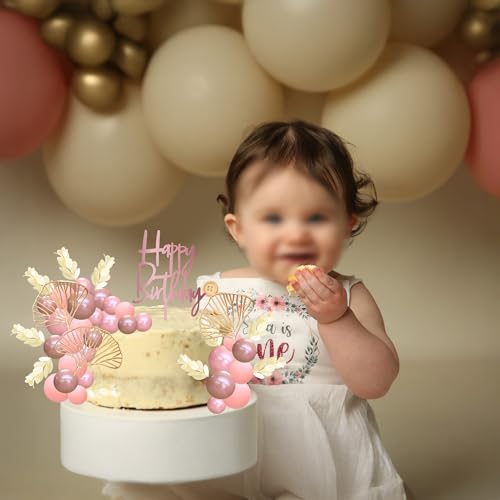 57Pcs Balls Cake Topper Boho Grass Cake topper Pearl Balls Acrylic Happy Birthday Cake Decorations for Wedding Baby Shower Birthday Boho Themed Party Supplies Rose Gold Pink (Rose Gold Pink)